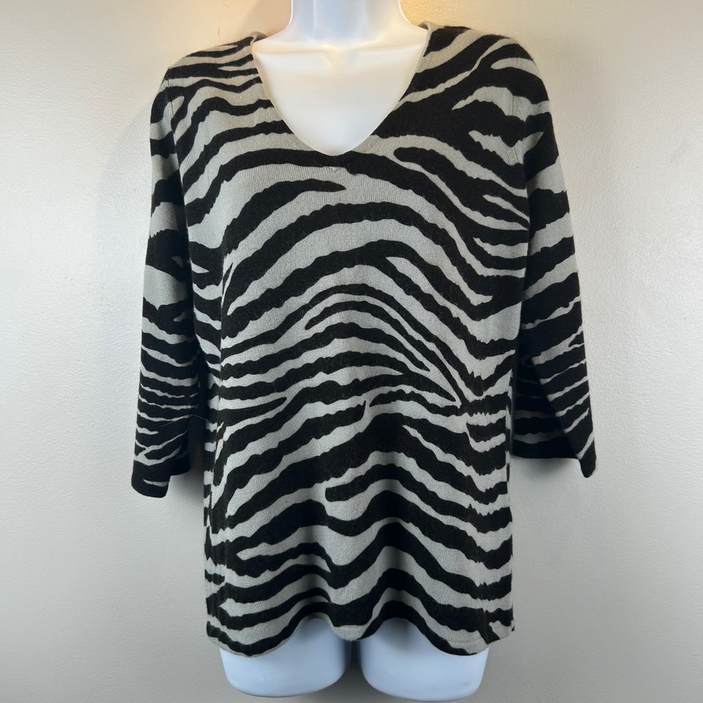 Carolyn Taylor Womens Zebra Print V-Neck Sweater Black Gray 3/4 Sleeve Large